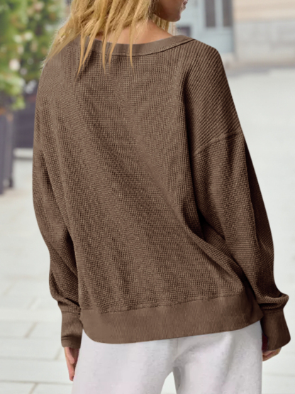 Casual Waffle Knit Loose Fit Long Sleeve Sweatshirt