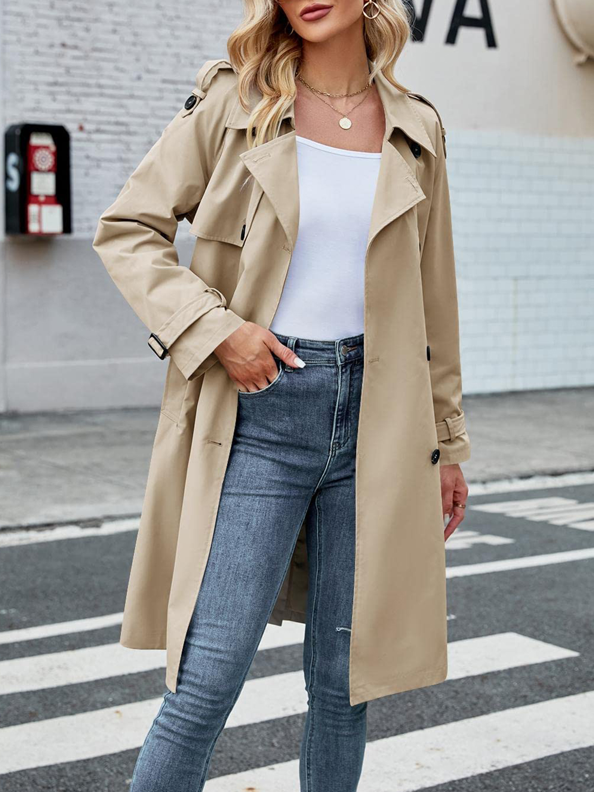 Women's Double Breasted Long Trench Coat Windproof Classic Lapel Slim Overcoat with Belt