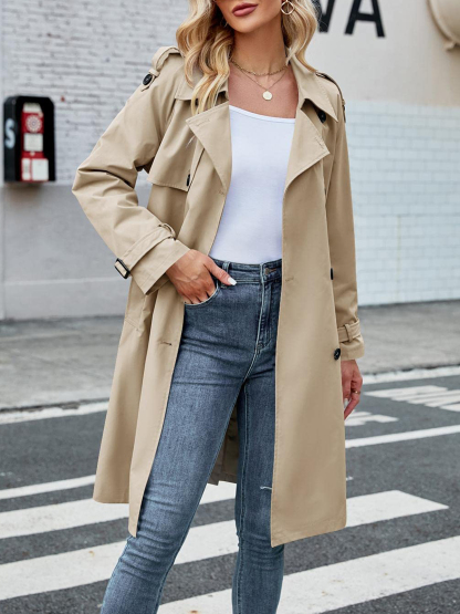 Women's Double Breasted Long Trench Coat Windproof Classic Lapel Slim Overcoat with Belt