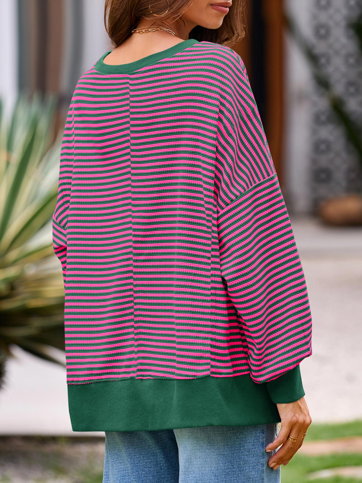 Women's Waffle Knit Long Sleeve Crewneck Oversized Sweatshirt