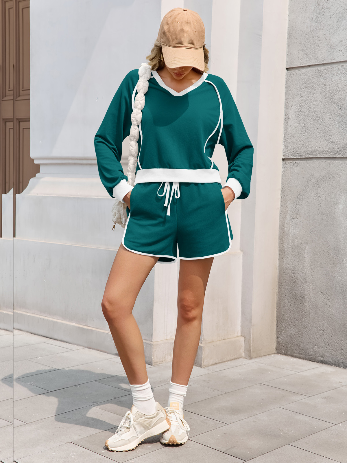 Casual V Neck Contrast Color Workout Shorts Sets Loose Fall 2 Piece Outfits