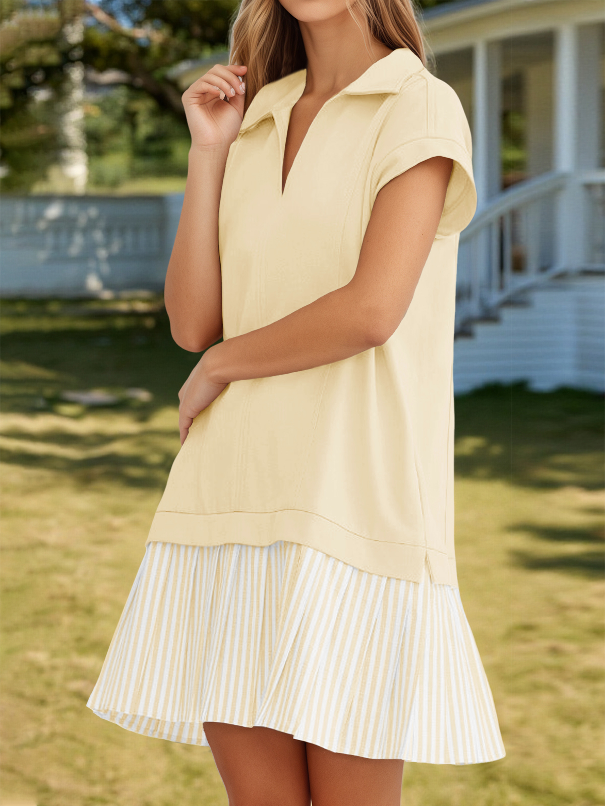 Patchwork Polo V Neck Striped Mini Dresses