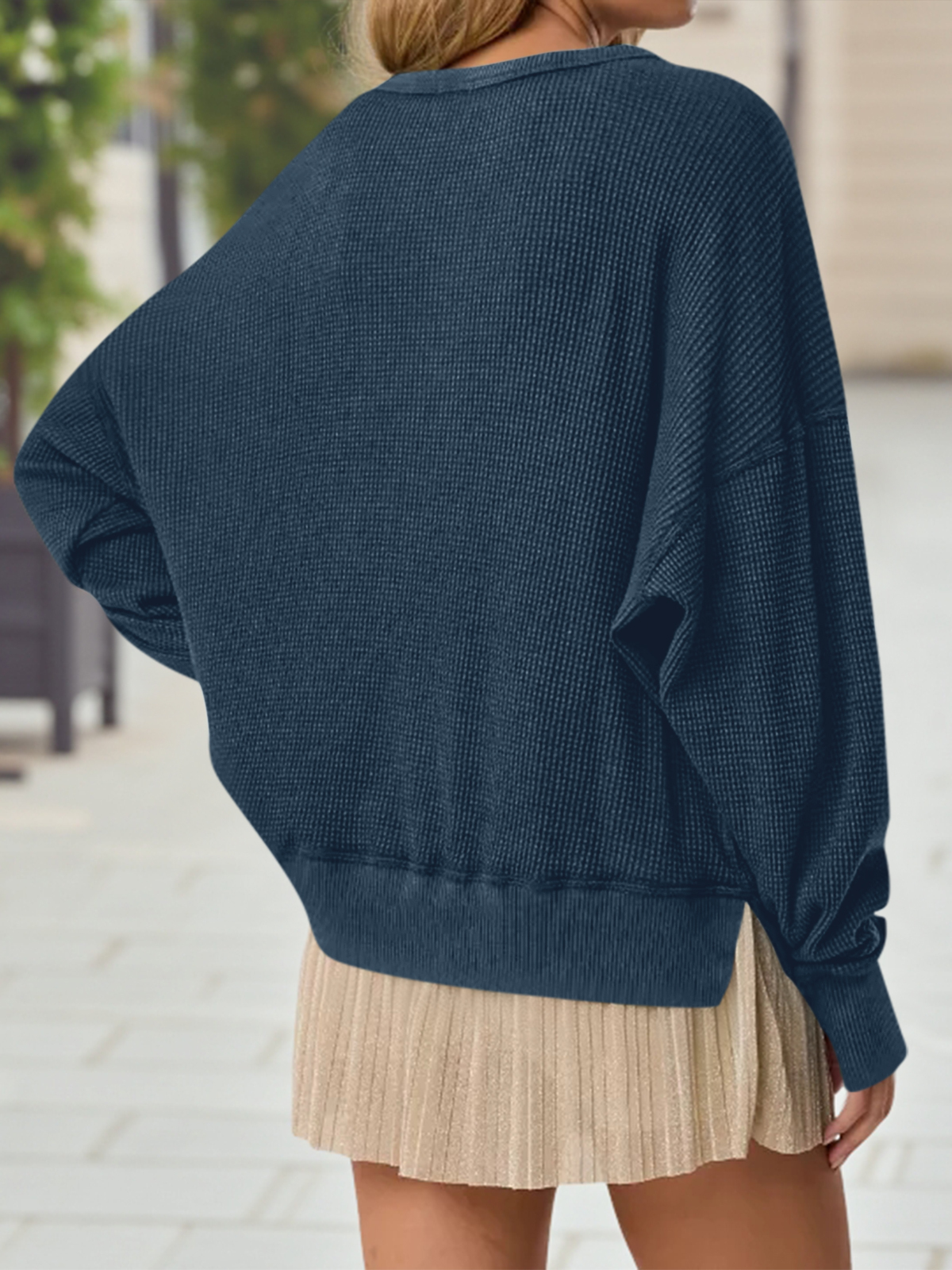 Casual Waffle Knit Loose Fit Long Sleeve Sweatshirt