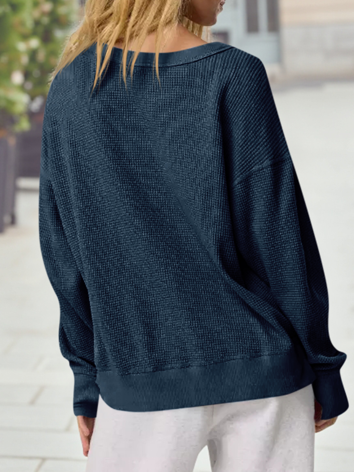 Casual Waffle Knit Loose Fit Long Sleeve Sweatshirt