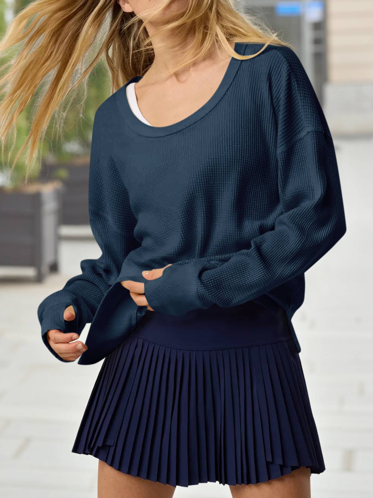 Casual Waffle Knit Loose Fit Long Sleeve Sweatshirt