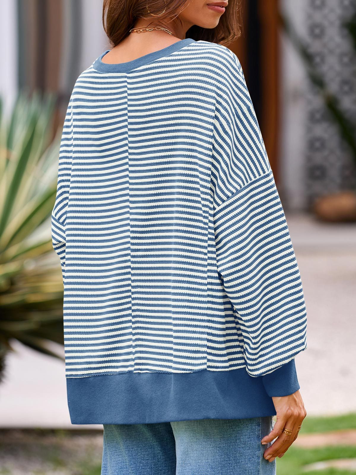 Women's Waffle Knit Long Sleeve Crewneck Oversized Sweatshirt