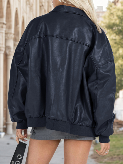 Fisoew Womens Faux Leather Jackets Oversized Bomber Casual Fall Fashion Zip Up Moto Biker Coats
