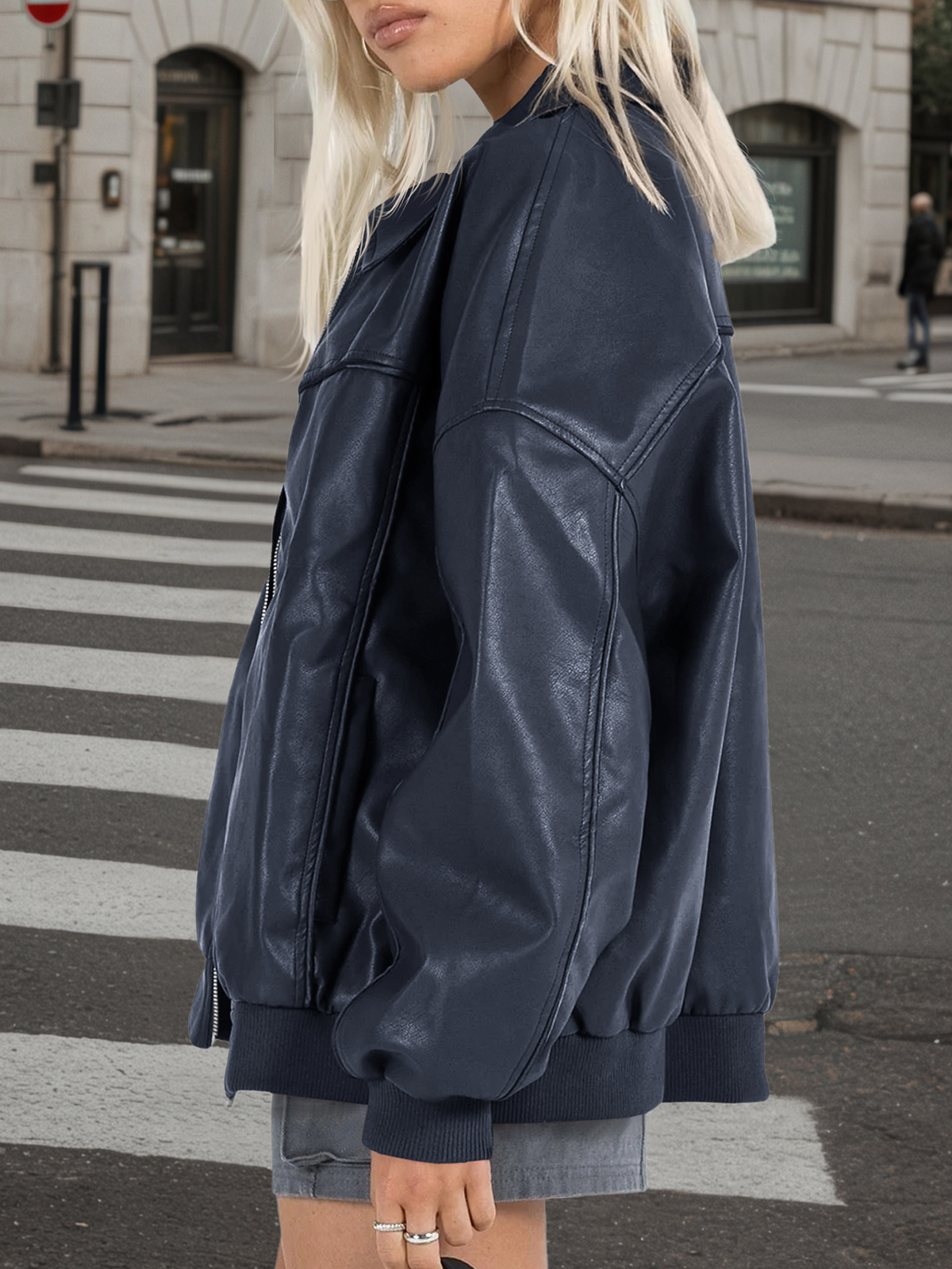 Fisoew Womens Faux Leather Jackets Oversized Bomber Casual Fall Fashion Zip Up Moto Biker Coats