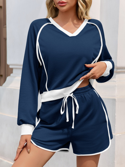 Casual V Neck Contrast Color Workout Shorts Sets Loose Fall 2 Piece Outfits