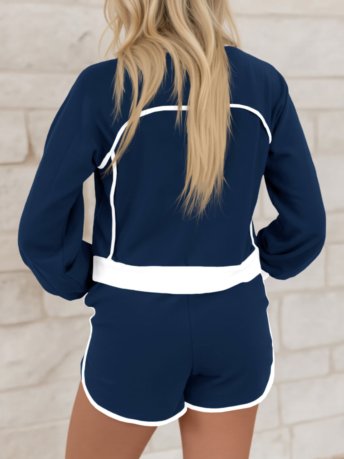 Casual V Neck Contrast Color Workout Shorts Sets Loose Fall 2 Piece Outfits