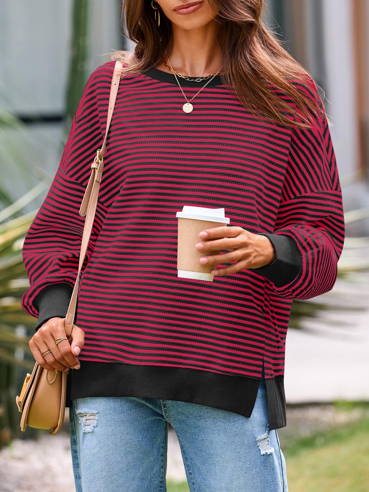 Women's Waffle Knit Long Sleeve Crewneck Oversized Sweatshirt