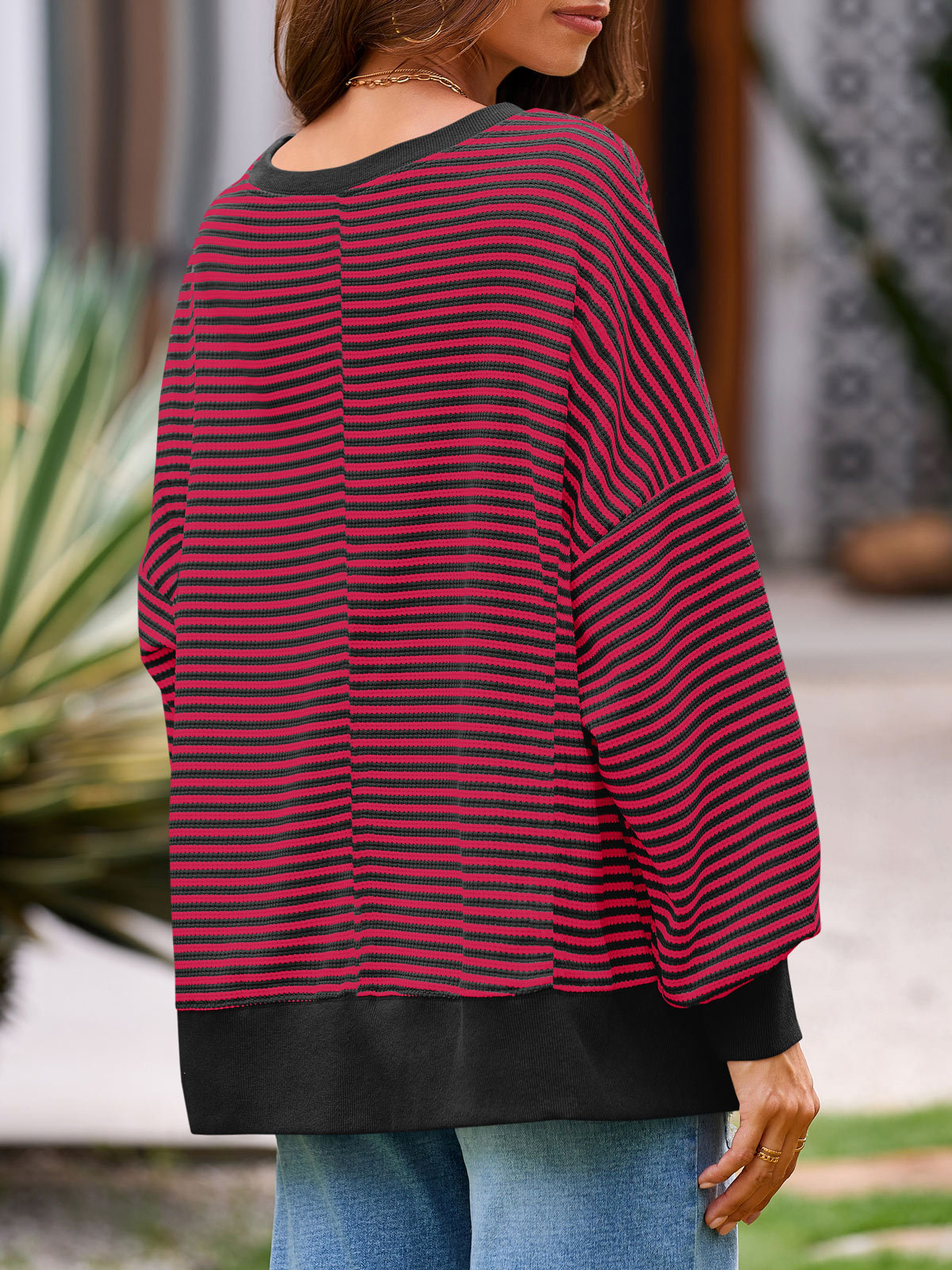 Women's Waffle Knit Long Sleeve Crewneck Oversized Sweatshirt