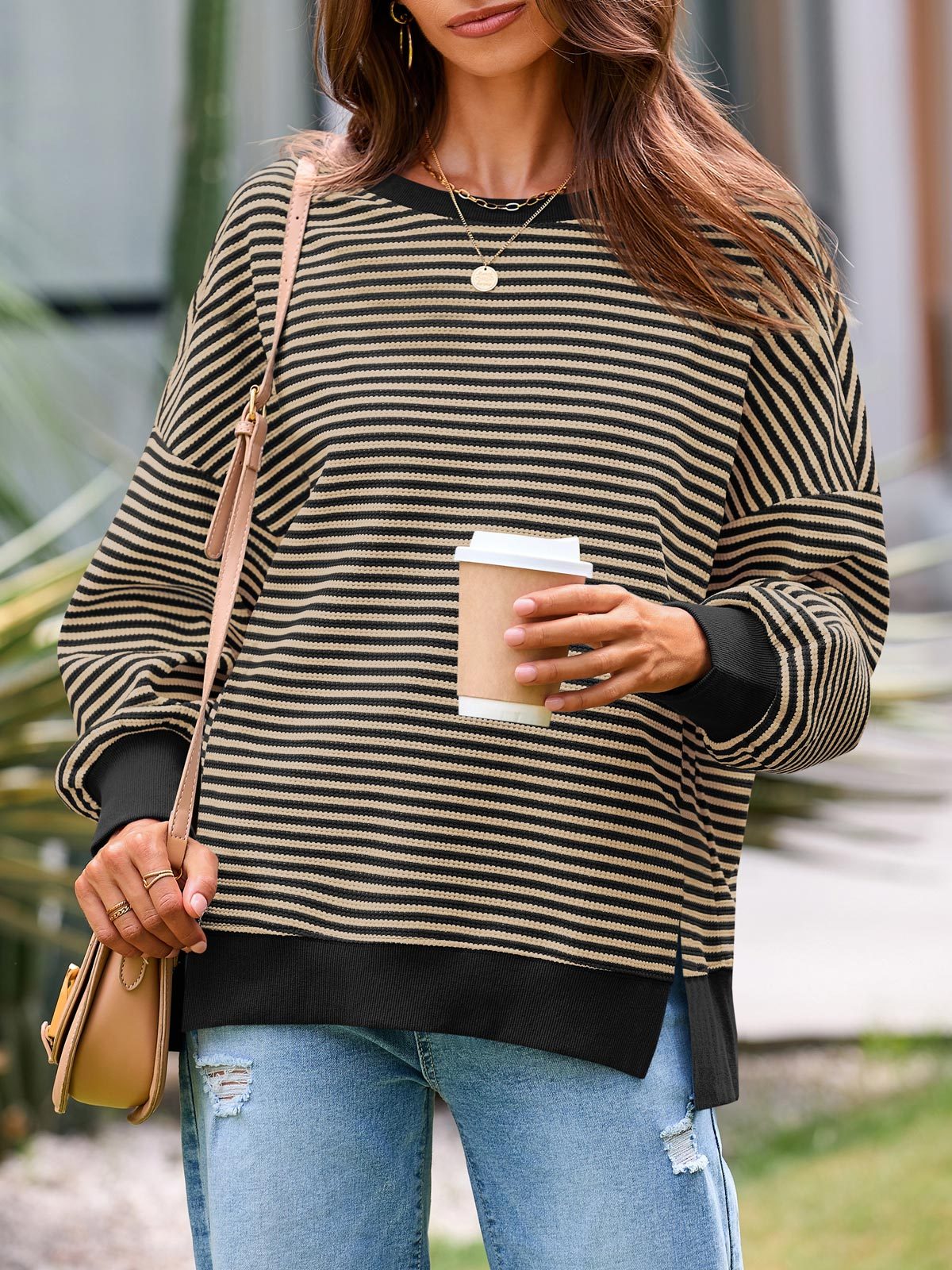 Women's Waffle Knit Long Sleeve Crewneck Oversized Sweatshirt