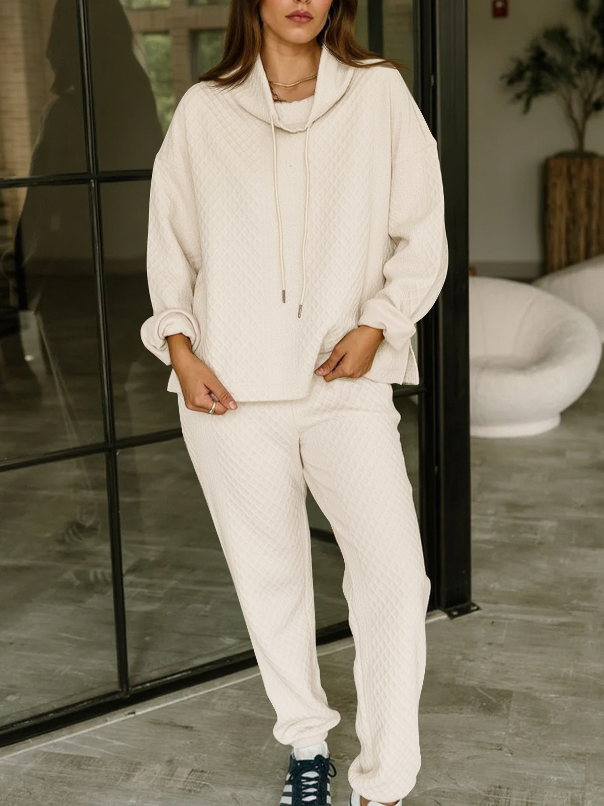 Textured Turtleneck Sweatshirts Jogger Pants Matching Sets