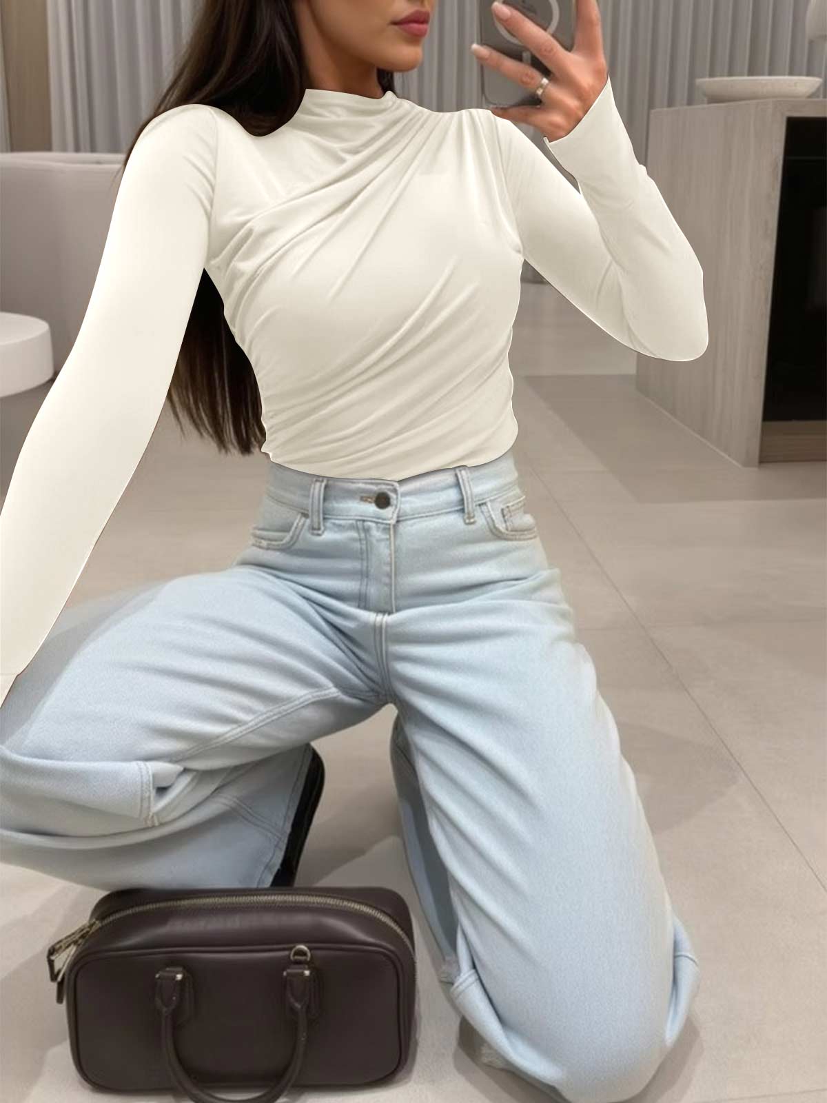 Long Sleeve Ruched Y2K T Shirts