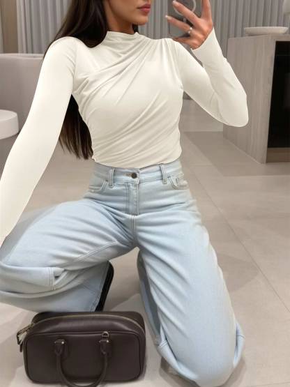 Long Sleeve Ruched Y2K T Shirts