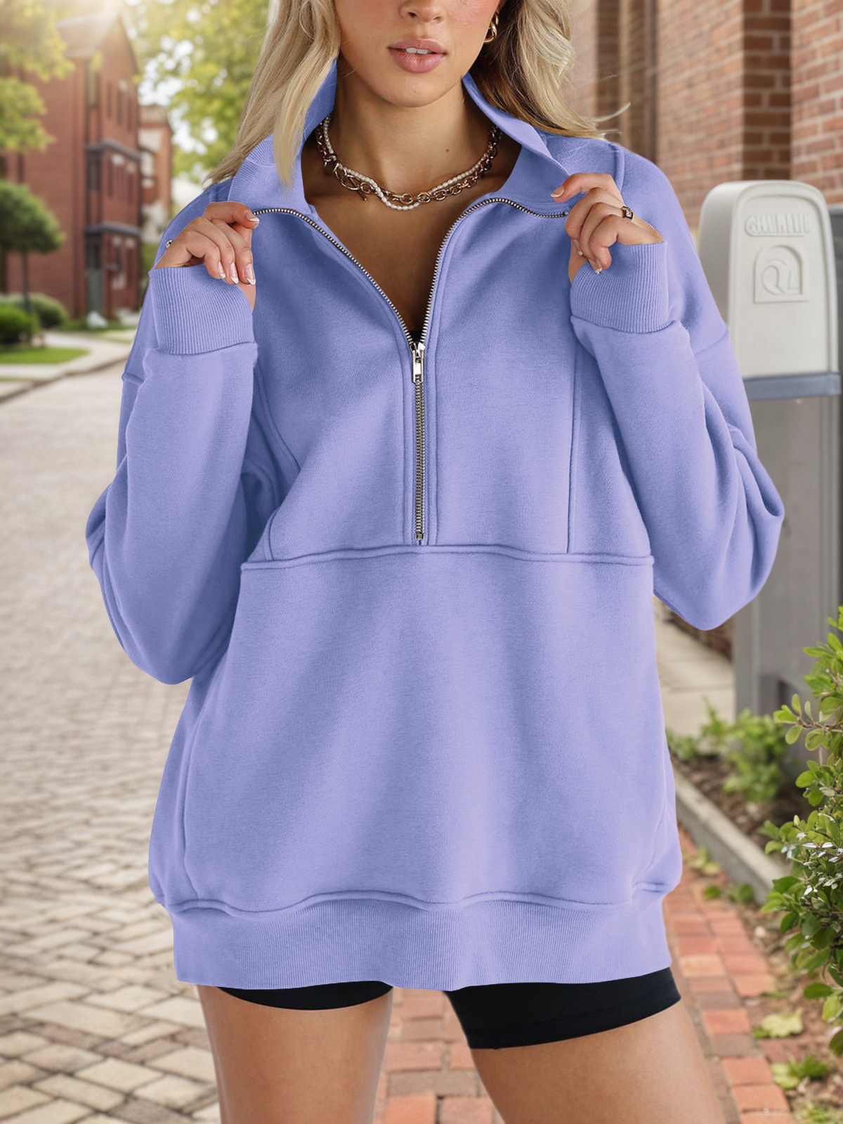 Women's Half Zip Sweatshirts Fleece Stand Collar Long Sleeve Thumb Hole Oversized Pullovers with Pockets