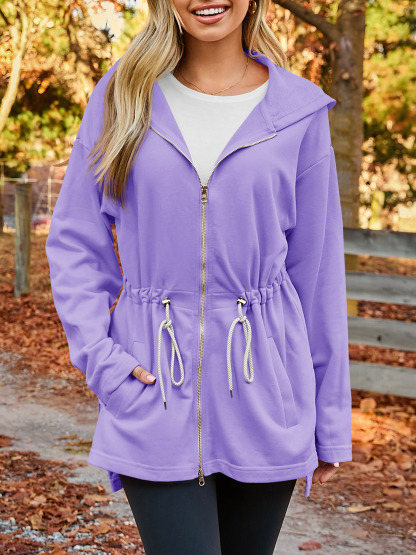 Oversized Zip Up Drawstring Waist Hoodie Sweatshirts