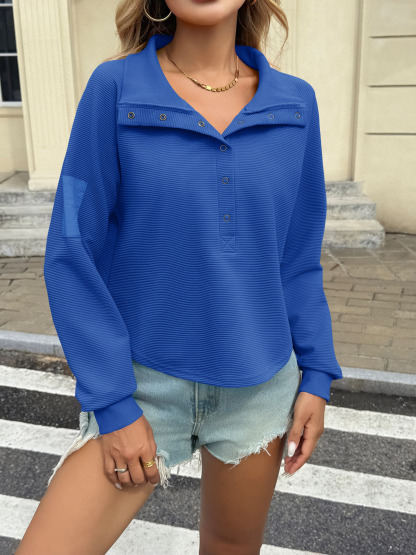 Casual Henley Neck Snap Button Loose Fit Fall Ribbed Cropped Sweatshirts
