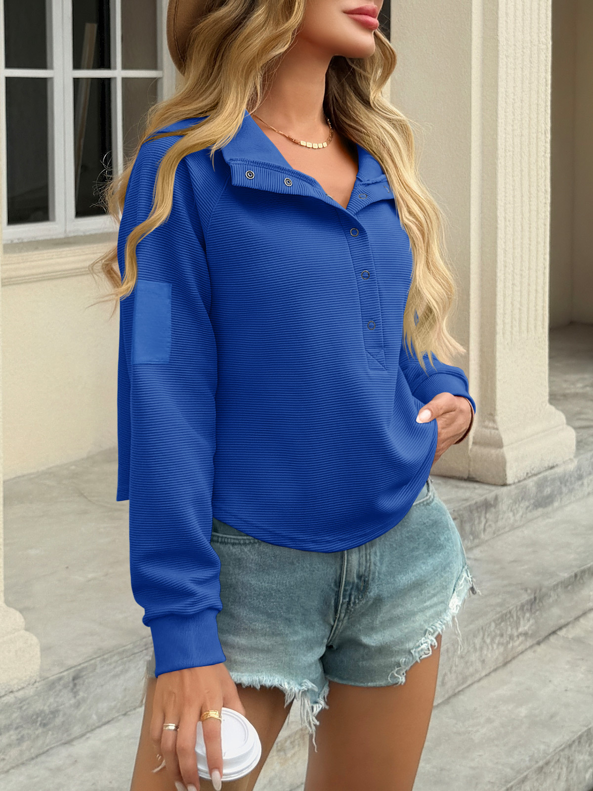 Casual Henley Neck Snap Button Loose Fit Fall Ribbed Cropped Sweatshirts