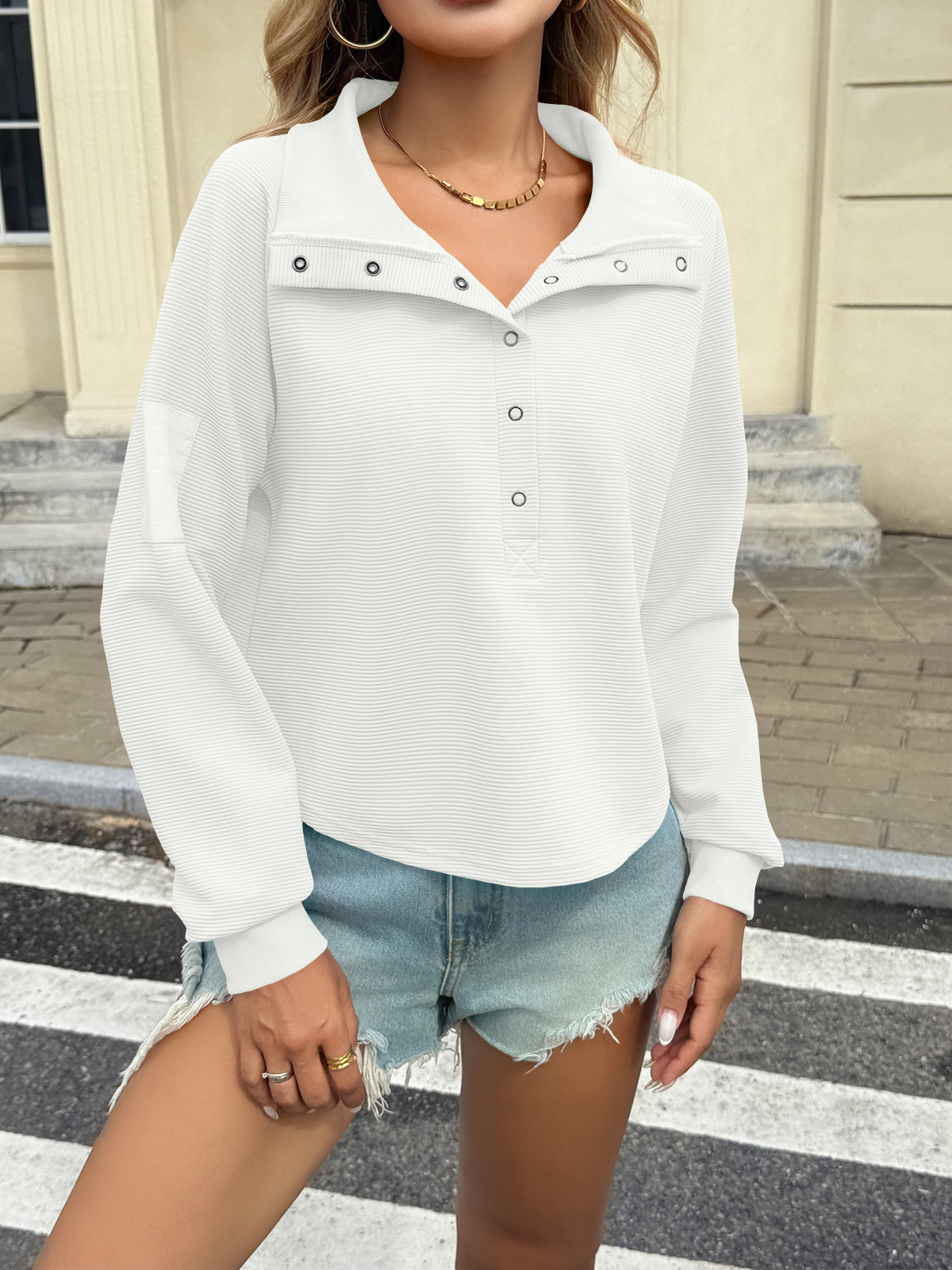 Casual Henley Neck Snap Button Loose Fit Fall Ribbed Cropped Sweatshirts