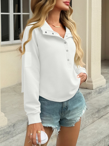 Casual Henley Neck Snap Button Loose Fit Fall Ribbed Cropped Sweatshirts