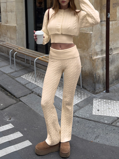Button Cardigan High Waist Pants Knit Texture Sweater Sets