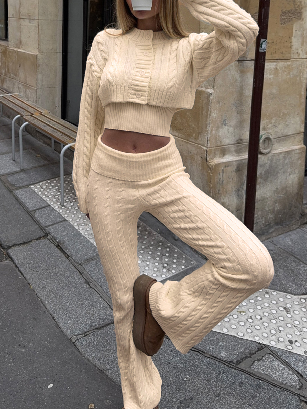 Button Cardigan High Waist Pants Knit Texture Sweater Sets