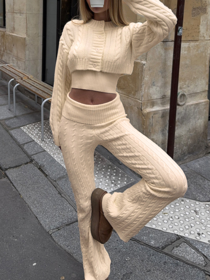 Button Cardigan High Waist Pants Knit Texture Sweater Sets