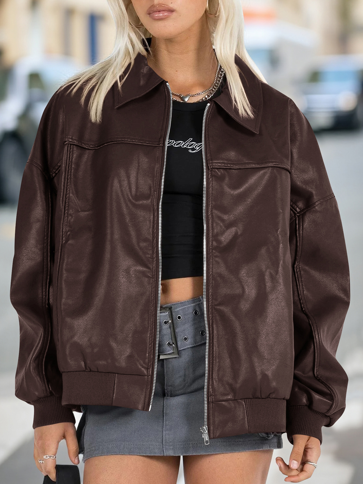 Fisoew Womens Faux Leather Jackets Oversized Bomber Casual Fall Fashion Zip Up Moto Biker Coats