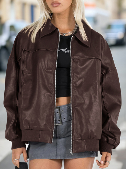 Fisoew Womens Faux Leather Jackets Oversized Bomber Casual Fall Fashion Zip Up Moto Biker Coats