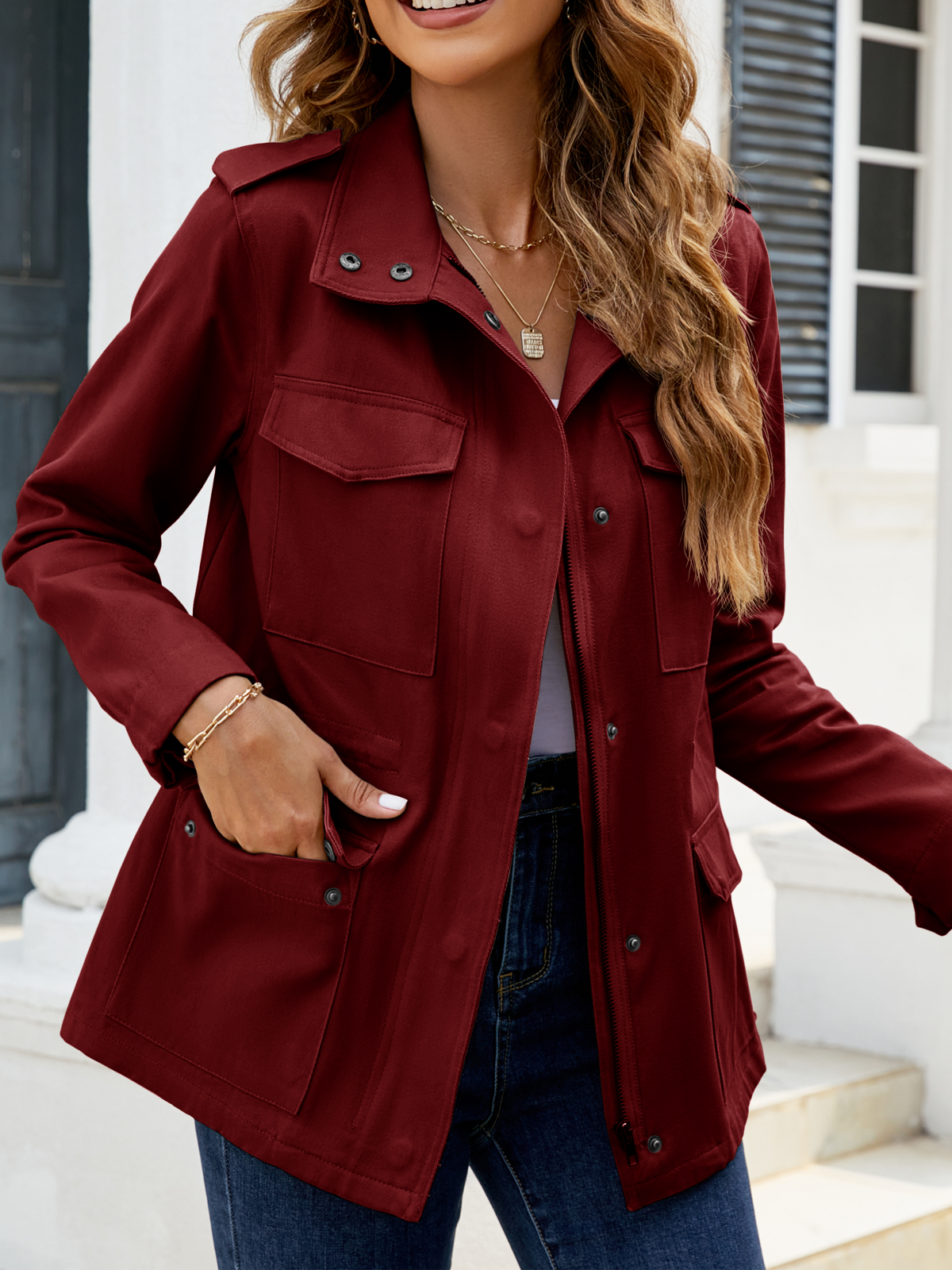 Zip Up Snap Buttons Military Anorak Jackets