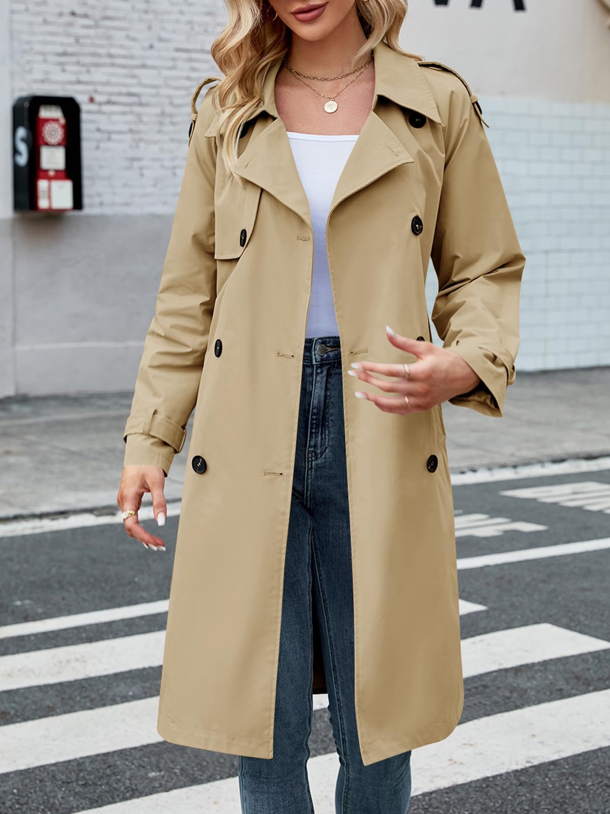 Women's Double Breasted Long Trench Coat Windproof Classic Lapel Slim Overcoat with Belt