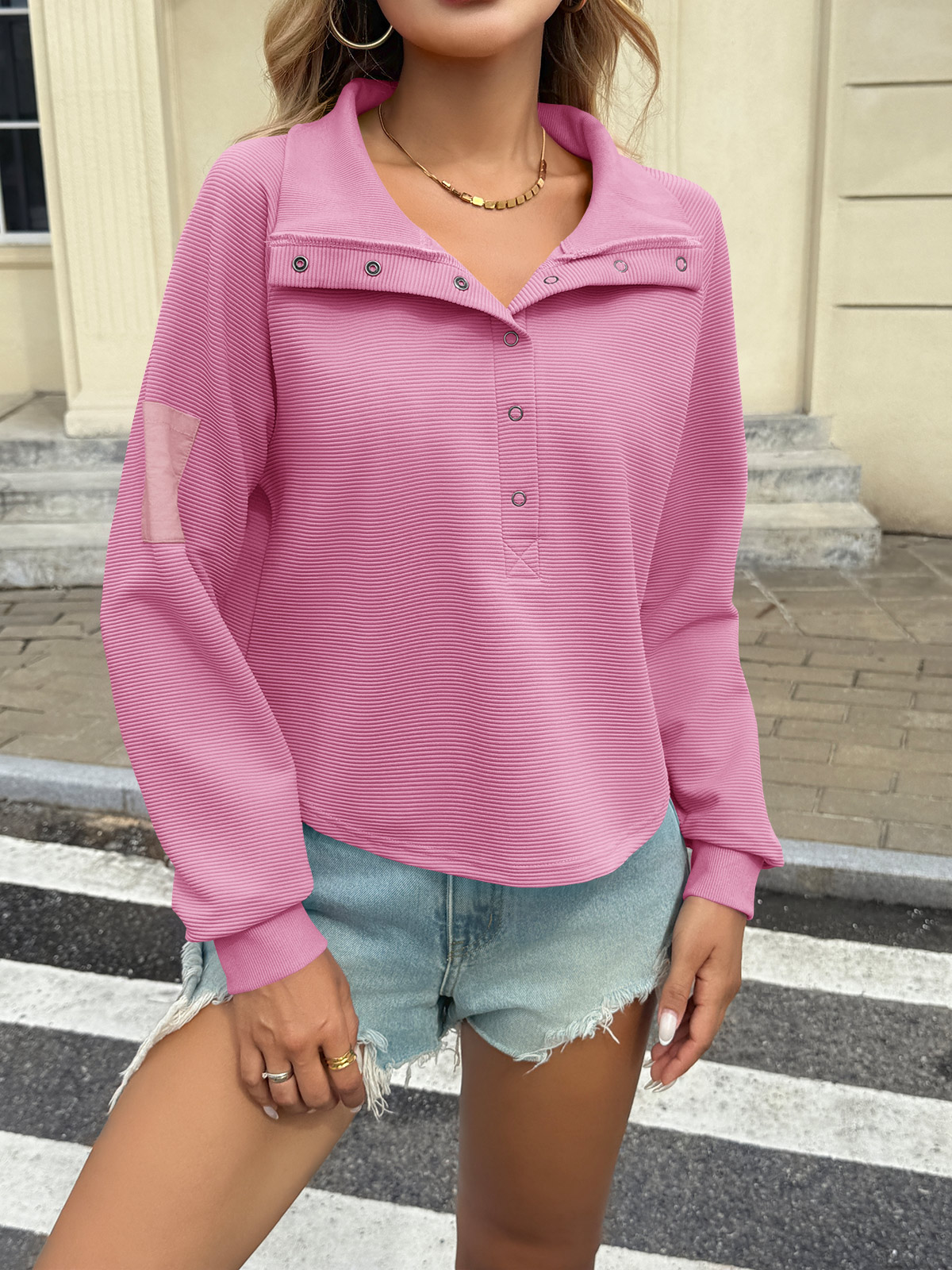 Casual Henley Neck Snap Button Loose Fit Fall Ribbed Cropped Sweatshirts