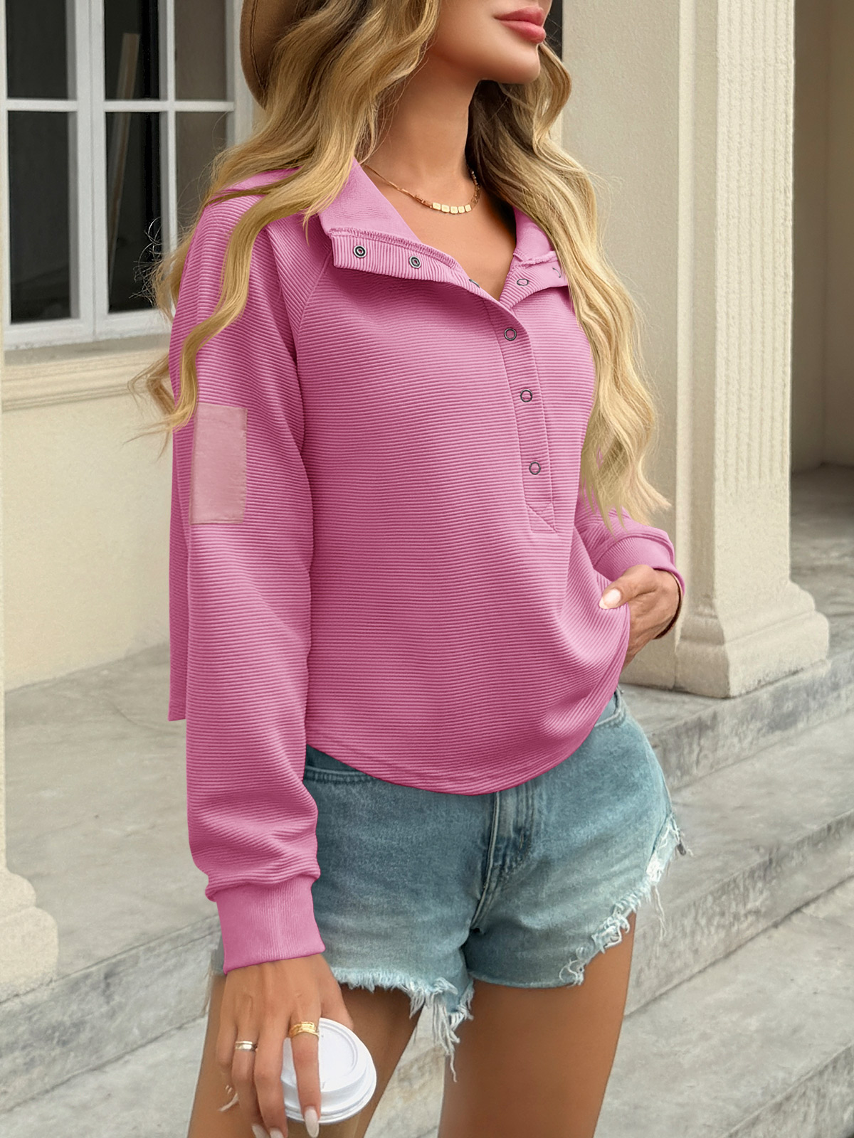 Casual Henley Neck Snap Button Loose Fit Fall Ribbed Cropped Sweatshirts