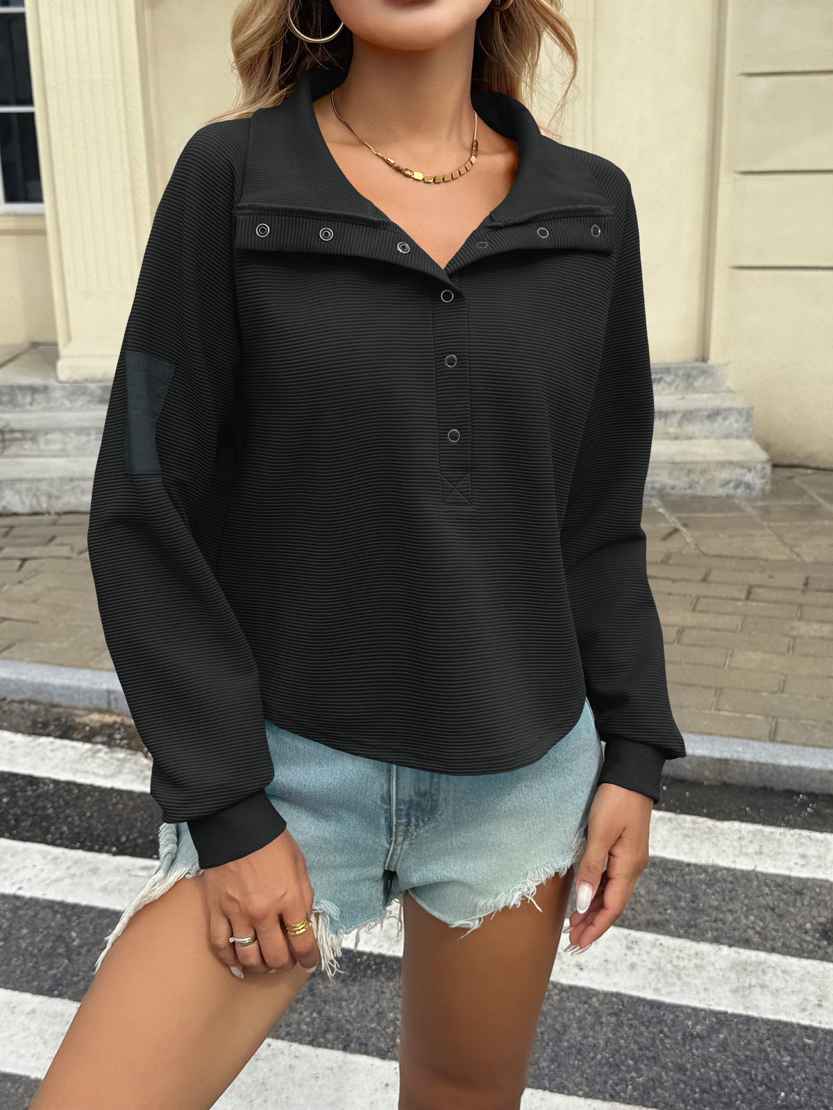 Casual Henley Neck Snap Button Loose Fit Fall Ribbed Cropped Sweatshirts