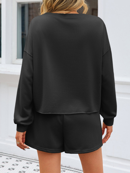 Casual Decor Pearl Long Sleeve Loose Fall Skort Mini Skirt Sets