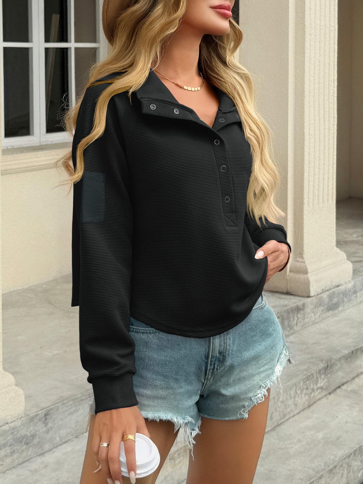 Casual Henley Neck Snap Button Loose Fit Fall Ribbed Cropped Sweatshirts