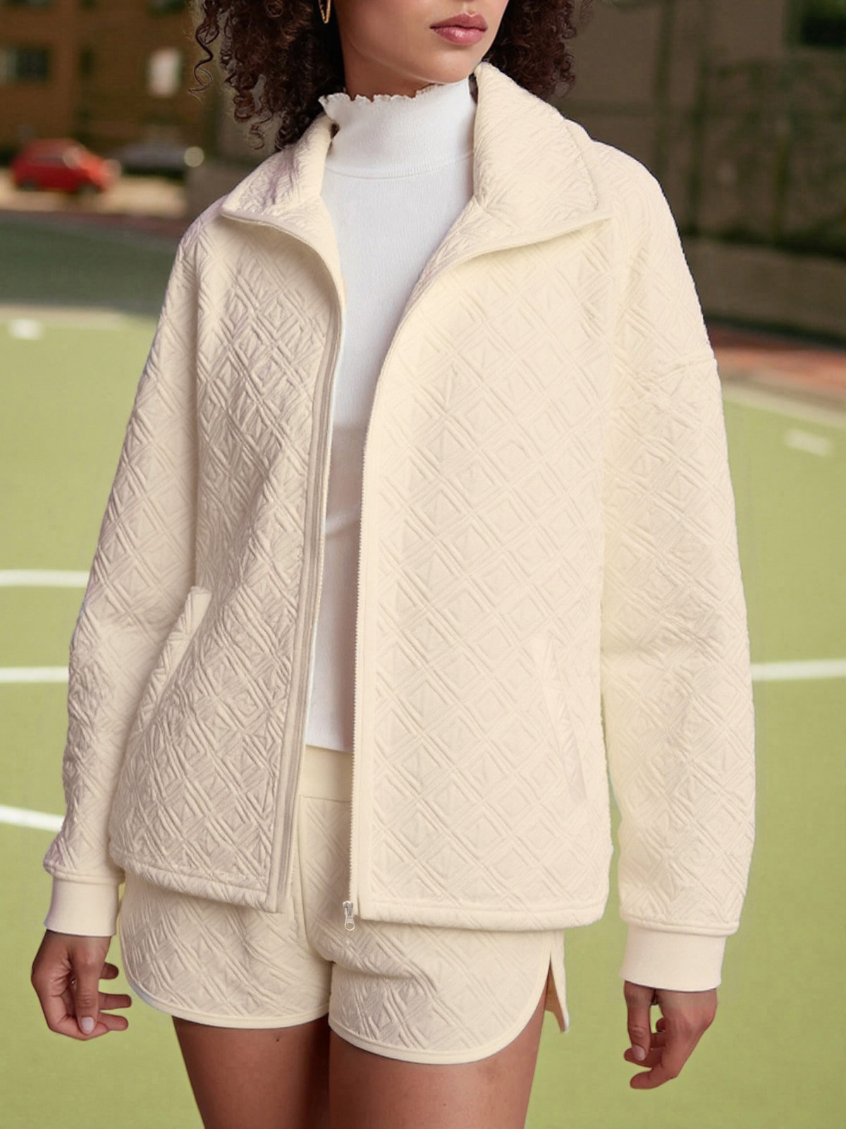 Women's Textured Zipper Jackets Loose Shorts Fall Casual 2 Piece Sets