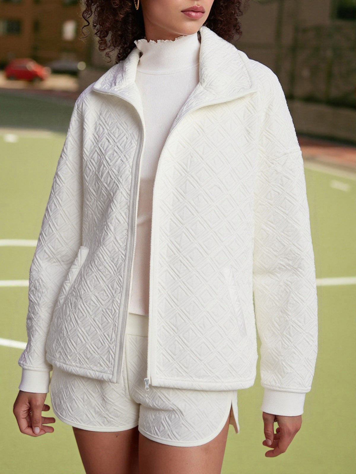 Women's Textured Zipper Jackets Loose Shorts Fall Casual 2 Piece Sets