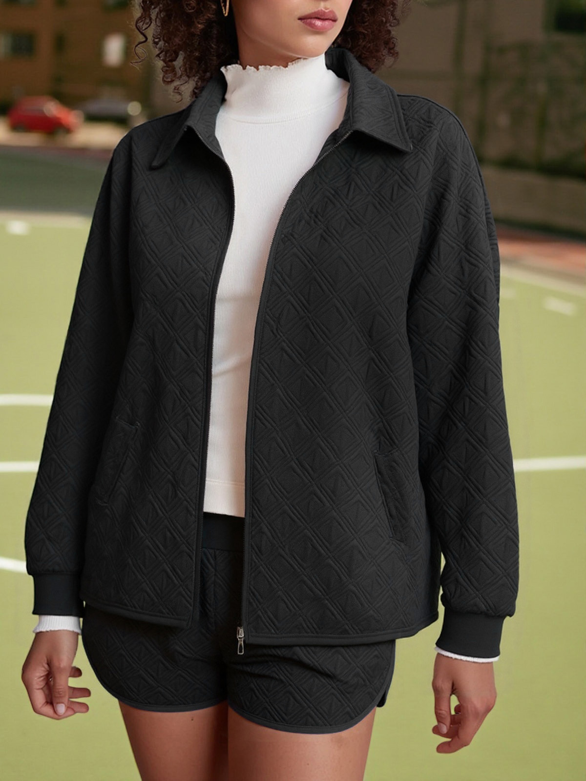 Women's Textured Zipper Jackets Loose Shorts Fall Casual 2 Piece Sets