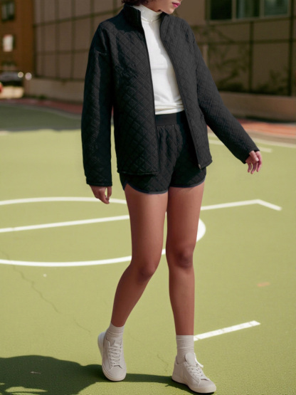 Women's Textured Zipper Jackets Loose Shorts Fall Casual 2 Piece Sets
