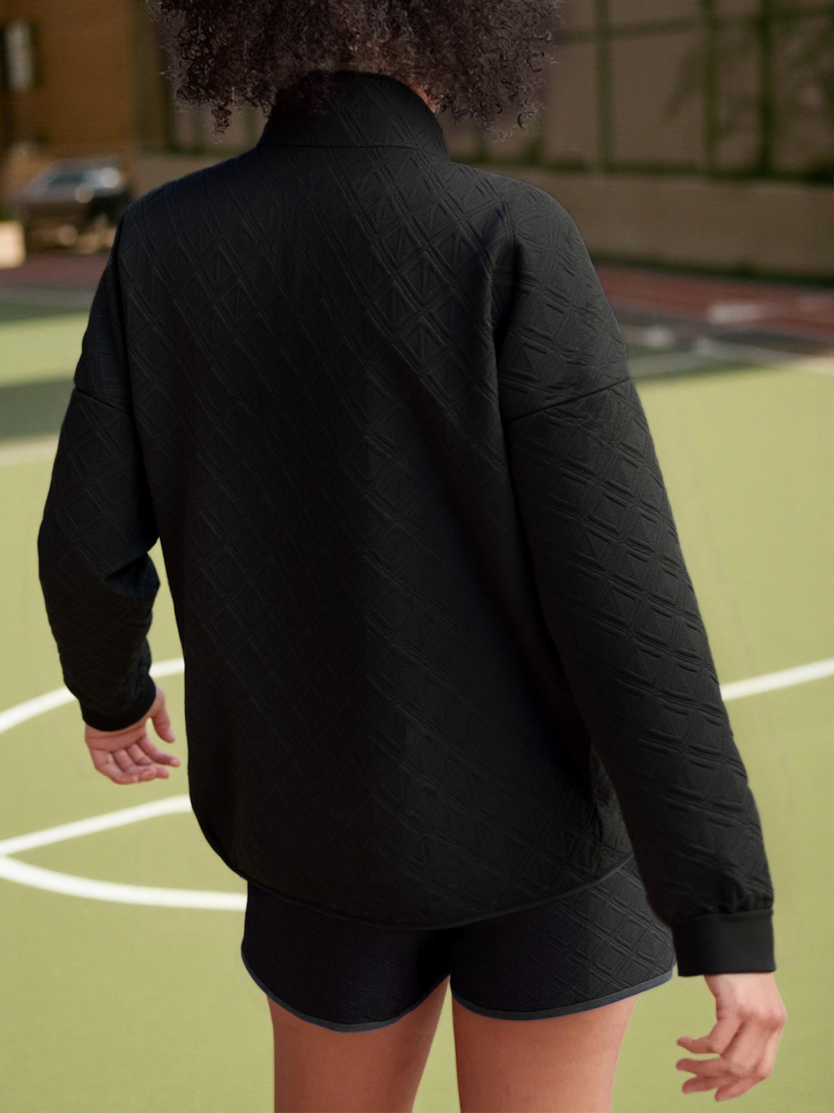 Women's Textured Zipper Jackets Loose Shorts Fall Casual 2 Piece Sets