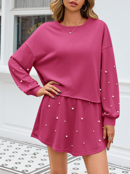 Casual Decor Pearl Long Sleeve Loose Fall Skort Mini Skirt Sets