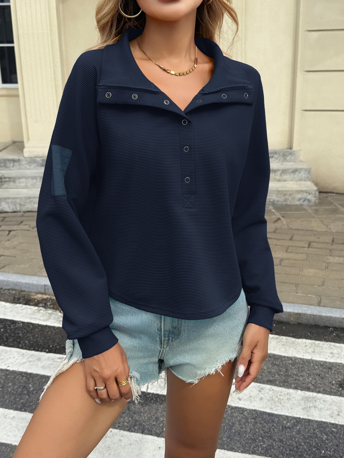 Casual Henley Neck Snap Button Loose Fit Fall Ribbed Cropped Sweatshirts