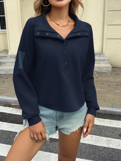 Casual Henley Neck Snap Button Loose Fit Fall Ribbed Cropped Sweatshirts