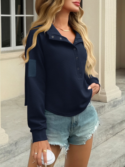 Casual Henley Neck Snap Button Loose Fit Fall Ribbed Cropped Sweatshirts