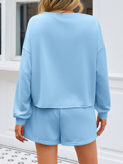 Casual Decor Pearl Long Sleeve Loose Fall Skort Mini Skirt Sets