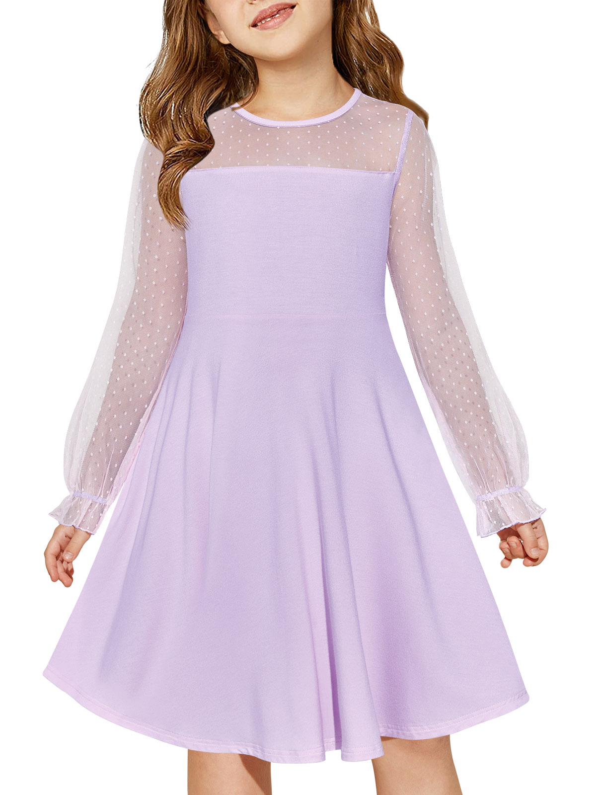 Haloumoning Girls Contrast Mesh Long Sleeve High Waist A Line Short Dress with Pockets 4-14 Years