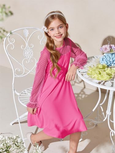 Haloumoning Girls Contrast Mesh Long Sleeve High Waist A Line Short Dress with Pockets 4-14 Years
